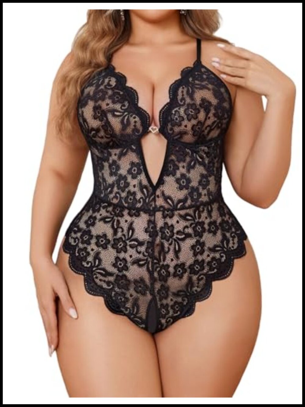 Plus Size Lace Teddy Bodysuit Open Front Deep V Chemise Lingerie